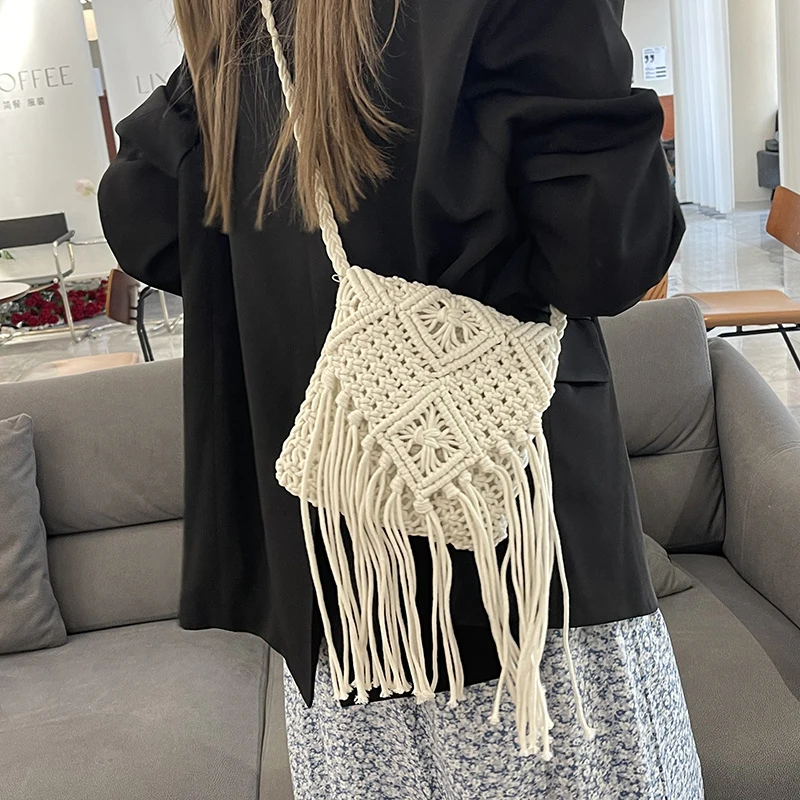Women Crochet Shoulder Bag with Tassel Handwoven Crossbody Bag Solid Color Bohemian Sling Female Woven Bag