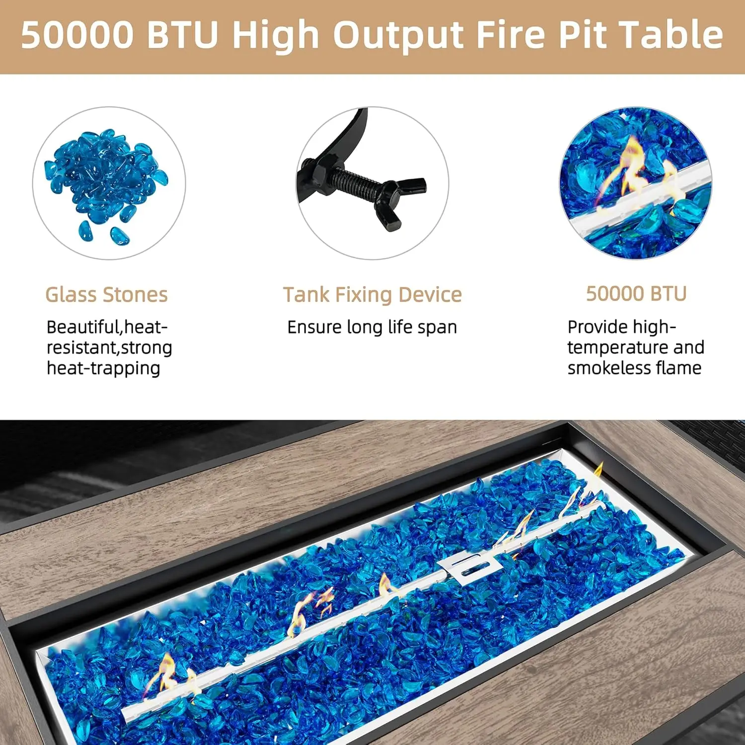 Description Picture 5 of itemJAMFLY Outdoor Propane Fire Pit Table 45 Inch with Lid, 50,000 BTU Gas Fire Pits for Outside Patio with Glass Wind Guard,Clear
