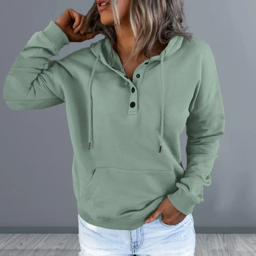

Women Hoodie Cozy Drawstring Hoodie with Big Pocket Button Decor Women's Fall Winter Long Sleeve Pullover for Casual Comfort