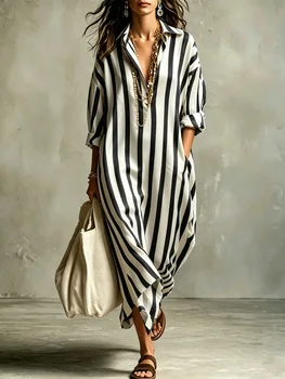 Women's Fashion Loose V-Neck Long Dress, Summer Striped Three Quarter Sleeve Shirt Dress, Casual Elegant Style for Daily Wear 1