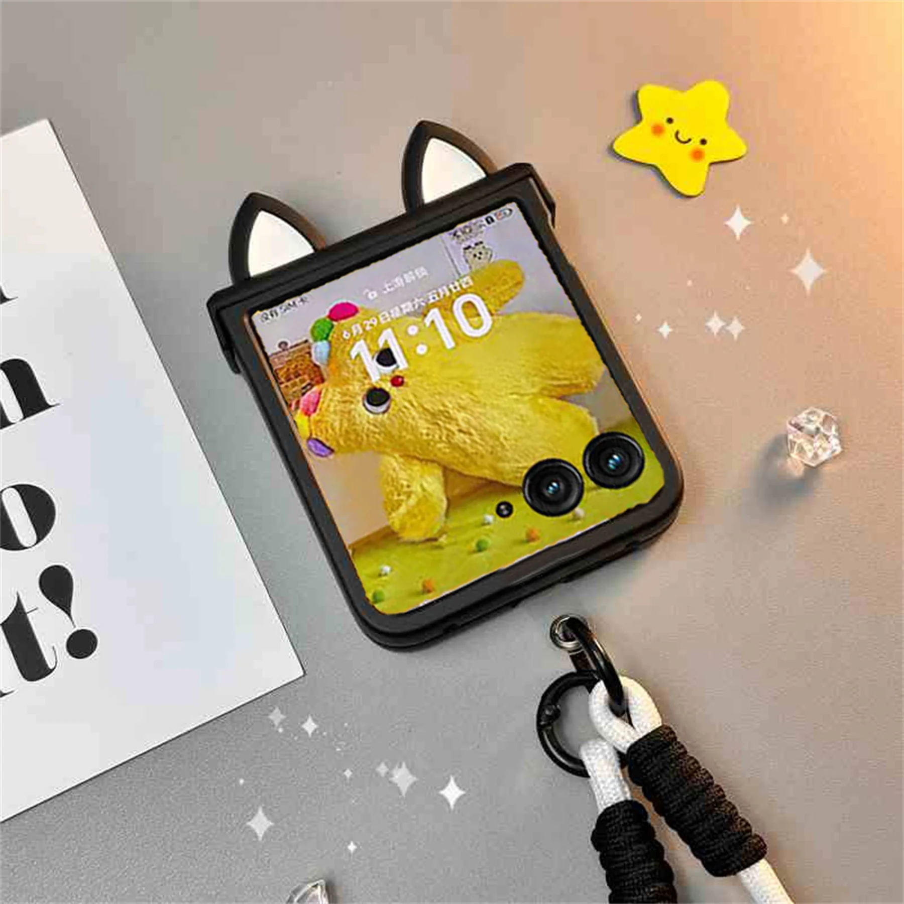 Cute Black & White Cat Ear Hand Strap Phone Case - Shockproof Cover