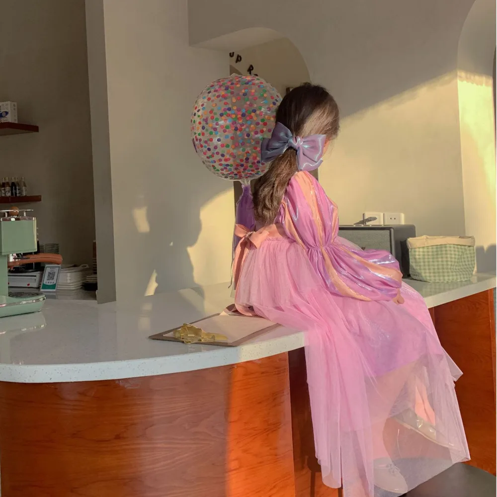 

Ins 2022 Spring And Summer New Elegant Purple Princess French Heavy Industry Dress Ball Gown Frocks Little Girls Clothing