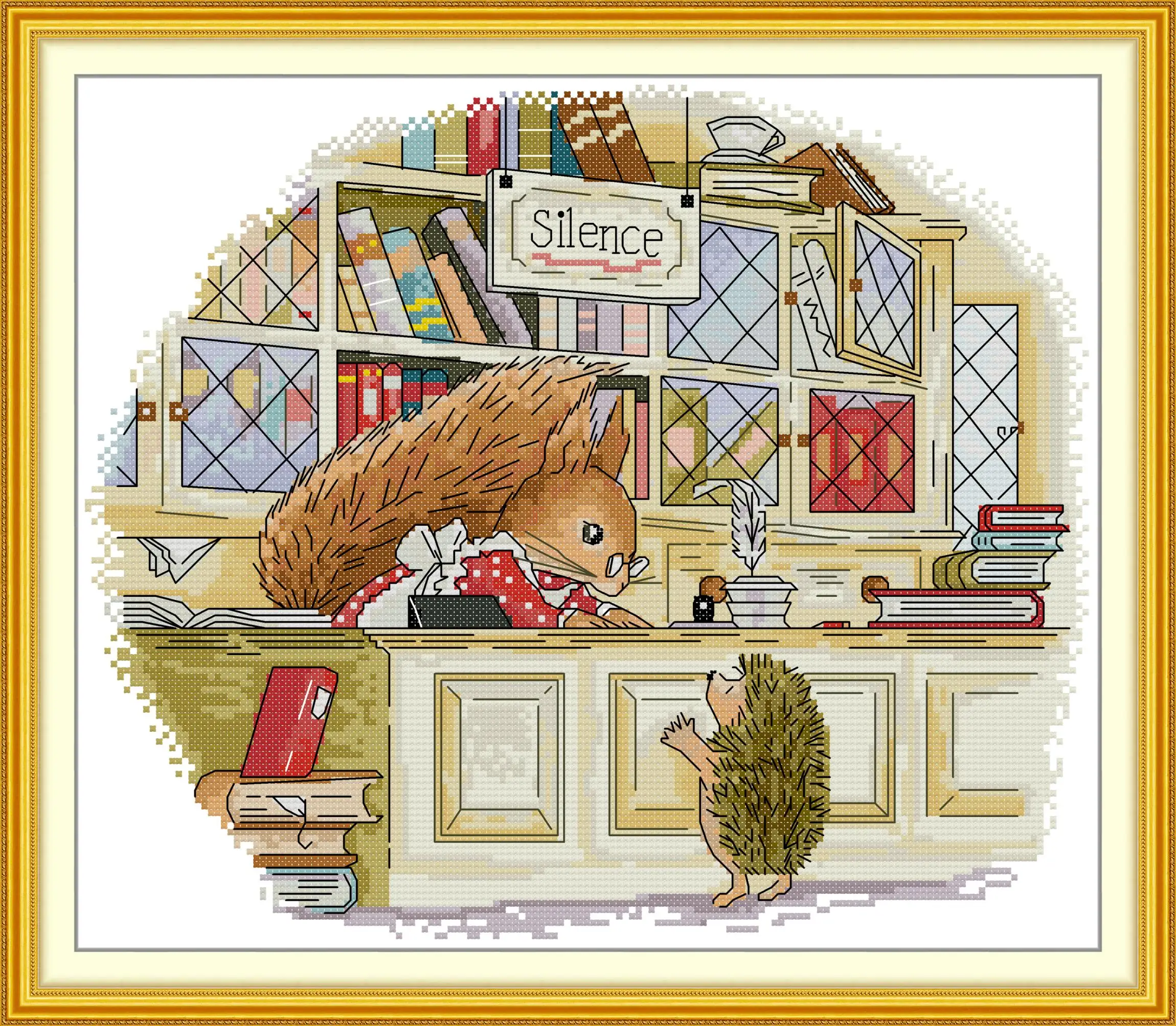 Hedgehog in the library 11CT Printed On Canvas Room Cross Stitch DIY Set Chinese Counted Pattern Kit Home Needlework Embroidery