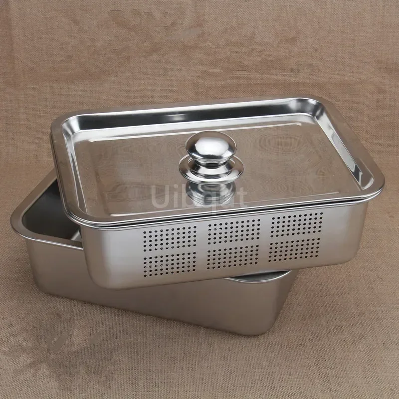 304 tray stainless steel Storage Trays leak plate hole Mesh Strainer Colander wash vegetable basin drying water filter basin lid 5