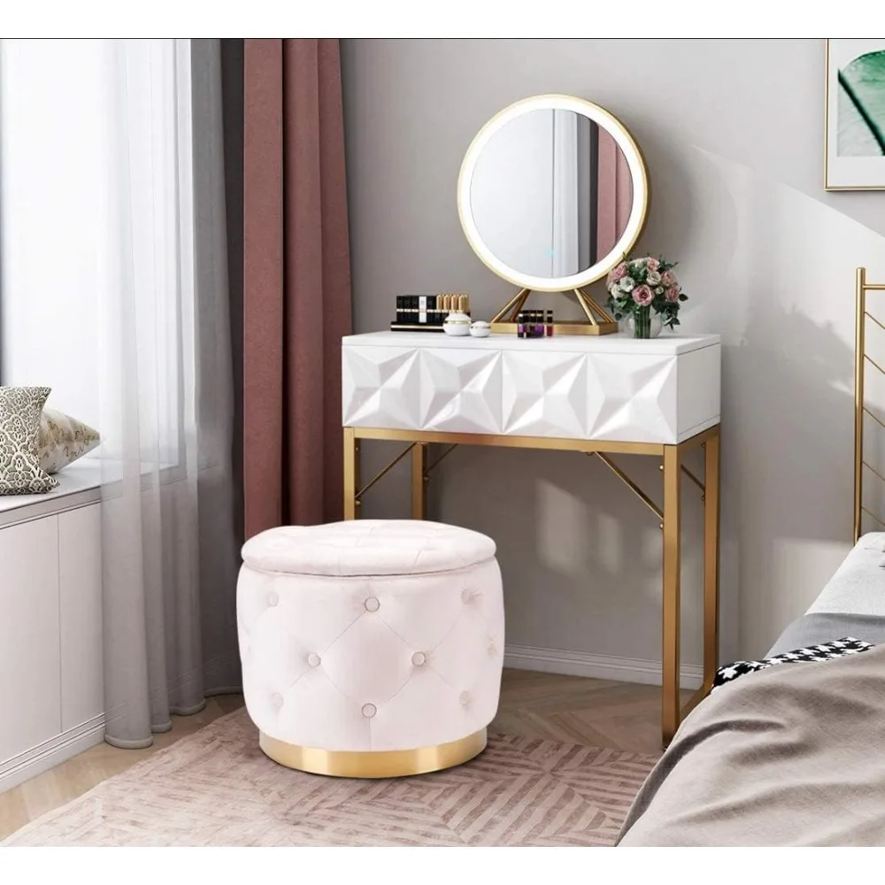 

Modern Velvet Tufted Button Upholstered Round Storage Ottoman Foot Rest Stool, Vanity Stool, Beige