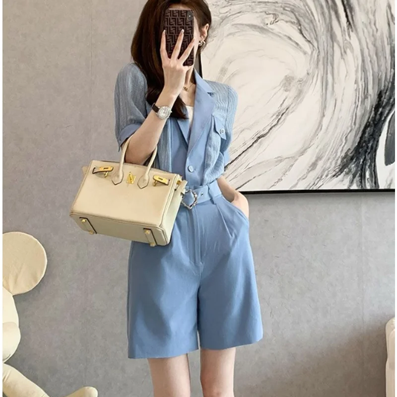 

2024 Summer Women Blue Short Suits Korean Office Lady Graceful Shirts Blazers Shorts Two Piece Sets Casual Tops Pants Outfits