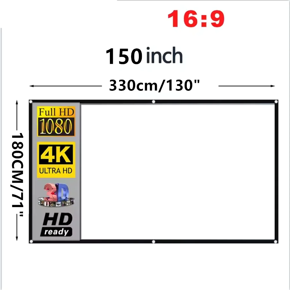 XIAOHUI Simple White Grid Anti-Light Screen Portable Projector Screen 60-180Inch Home Office Projection Screen 16:9 Ratio