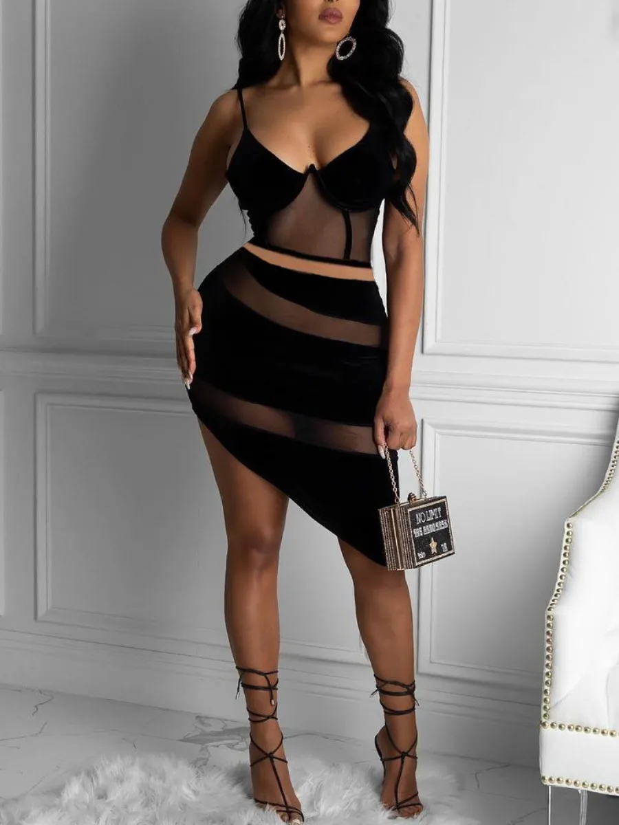 LW Cami See Through Skinny Skirt Set Women's Tracksuit Midi Shorts Skirts Set with Crop Tops Matching Two 2 Piece Set