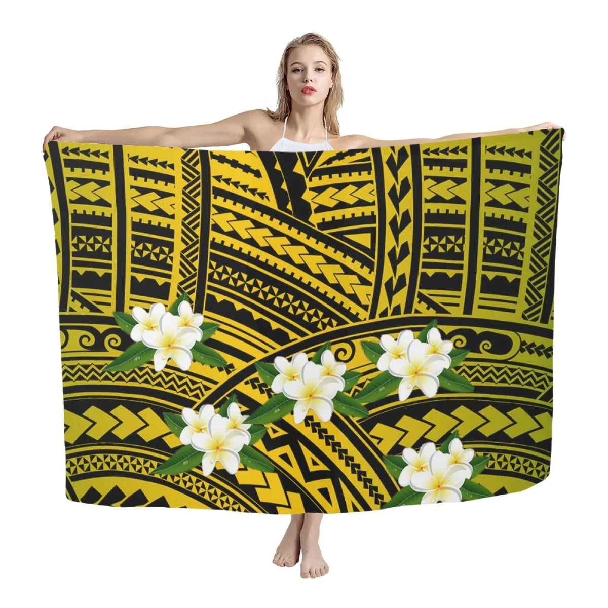 

HYCOOL Yellow Polynesian Tribal Flower Print Beach Long Custom Swimsuit Cover Ups Lavalava Sarong Cheap Summer Woman Dress 2023