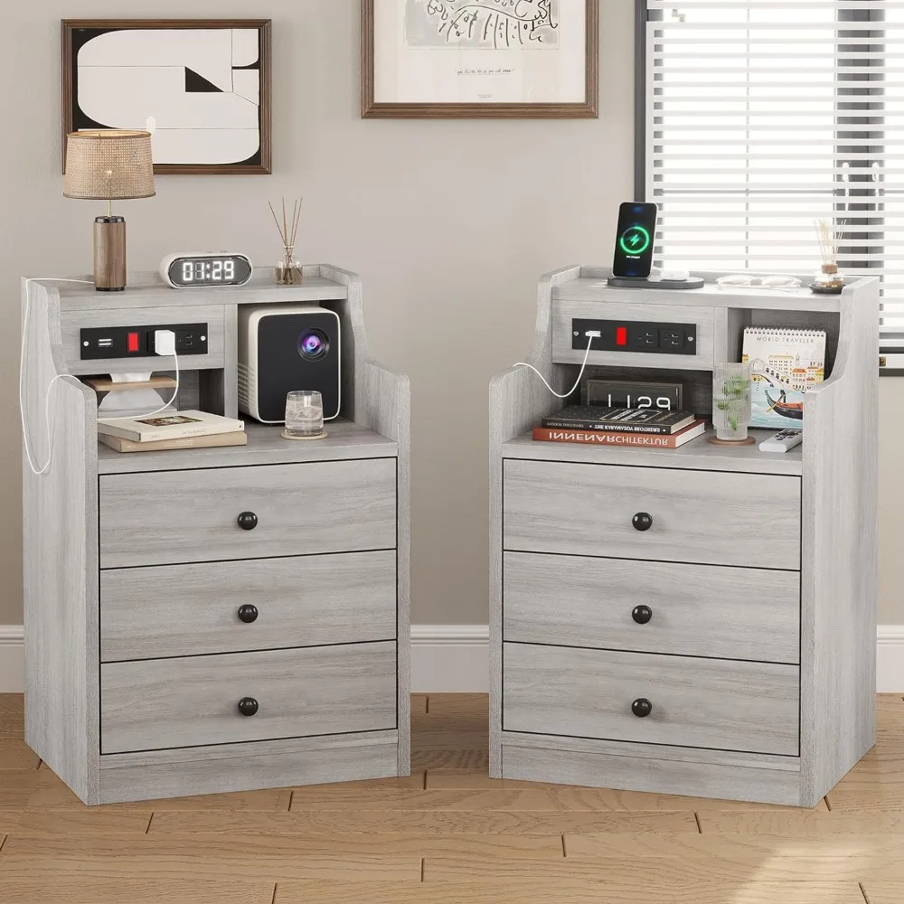 Nightstand set of 2 gray nightstand with charging station & hutch for bedrooms bedside table