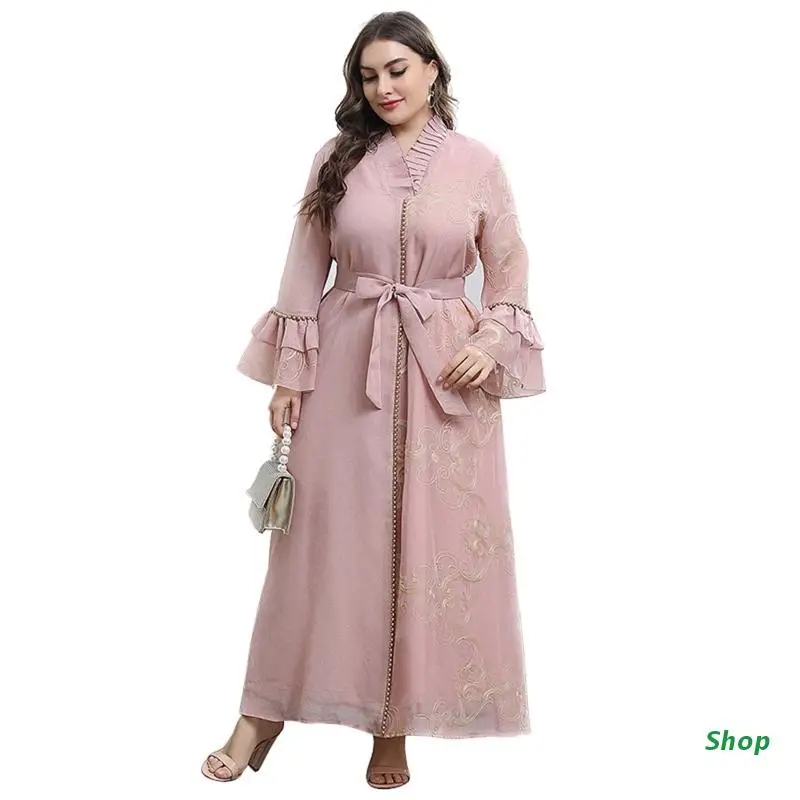 

L5YC Stylish Women's Pink Swing Dress with Belt Elegant Trumpet Sleeves Dress Plus Size Maxi Dress Summer Dress for Party Ins