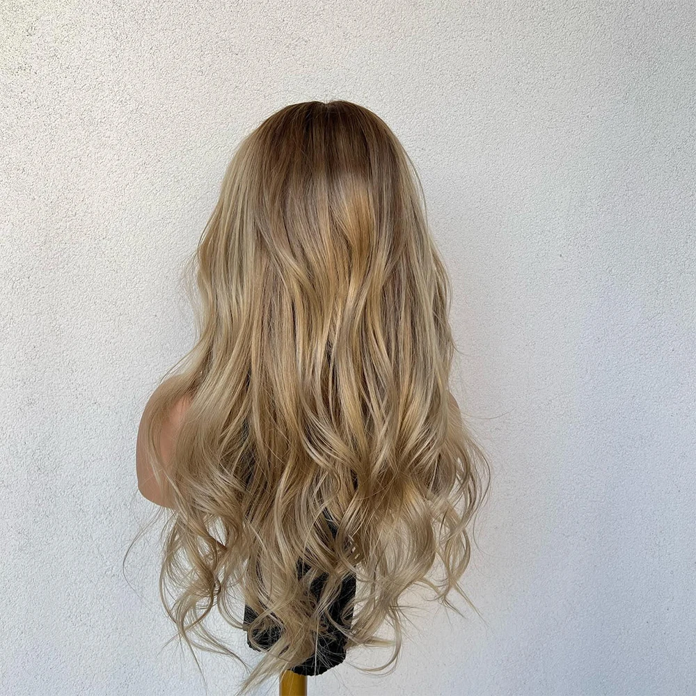 Rooty Blended Blonde Hair Wig Virgin Human Hair Blonde with Light Brown Balayage Ombre Root Melt 13x6” Lace Front Wig 24” 180%