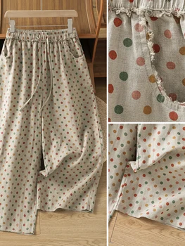 Linen Wide Leg Pants  Polka Dot Print Casual Cool Slimming Nine Point Summer Trousers for plus Size Women