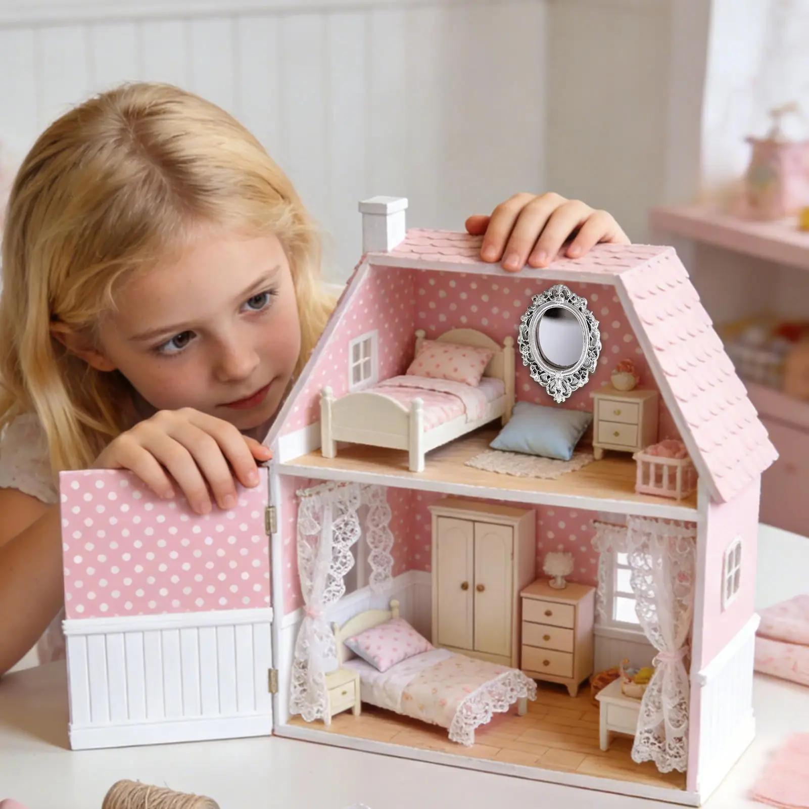 DIY 라운드 인형 집 장식품 미니어처 레트로 거울 1:12 스케일 인형 액세서리 Gloden Frames 소박한 수지 미적 방 장식