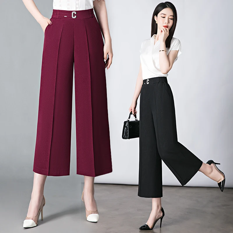 

Spring Summer New High Waisted Ice Silk Wide Leg Pants Women's Slim Loose Elastic Patchwork Pocket Casual Straight Trousers 2024