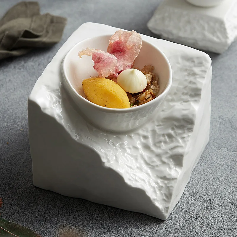 

soup bowl with ceramic stone pattern, salad bowl, molecular gastronomy tableware, irregular art dish, white cold dish bowl.