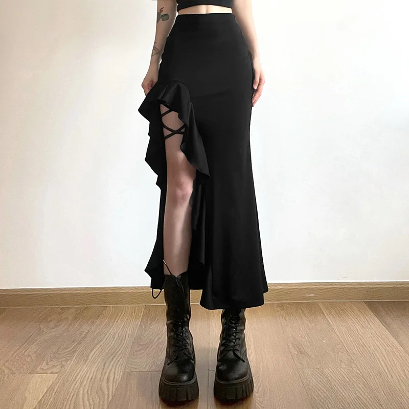 Nibber All-match Commuter Casual Young Girl Summer New Black Cross Simple Sexy Cool Breathable Soft Women's Knit Split Skirt
