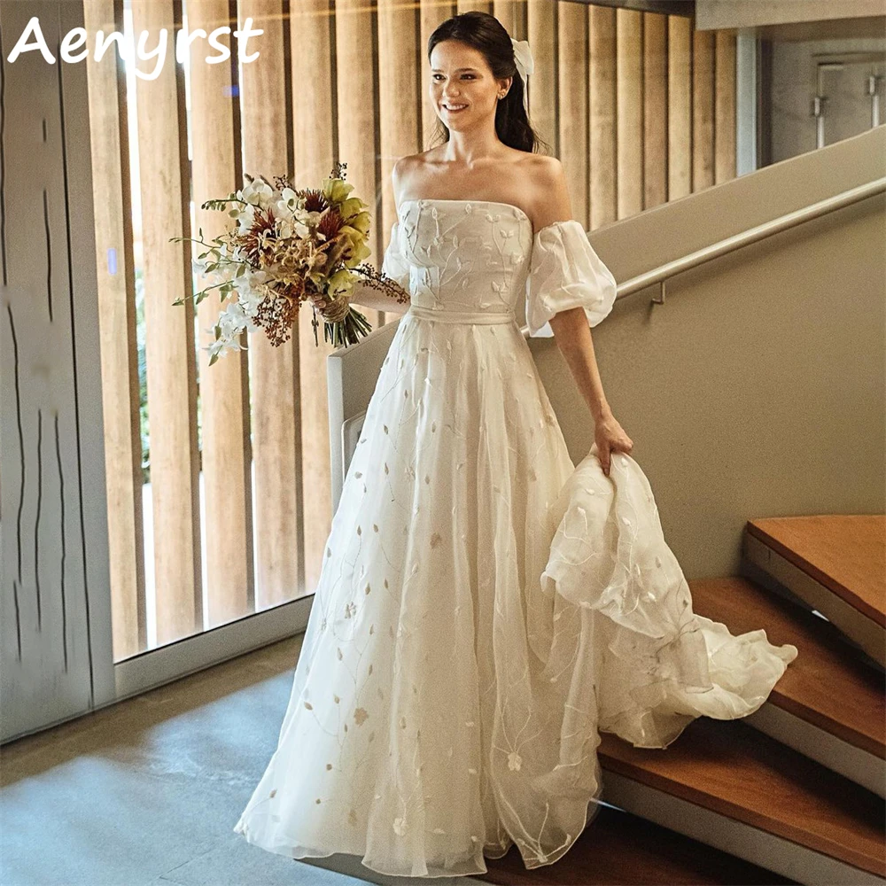 

Aenyrst Elegant Strapless Half Puff Sleeves Wedding Dresses Tulle A Line Court Train Bohemia Bridal Gowns Long Robe De Mariée