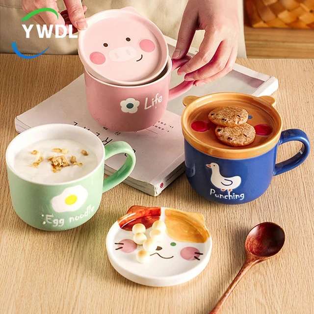 Cute Cartoon Kids Mugs Lids Spoon Ceramic Water Milk Coffee Tea Mug Cup  Animal Mugs