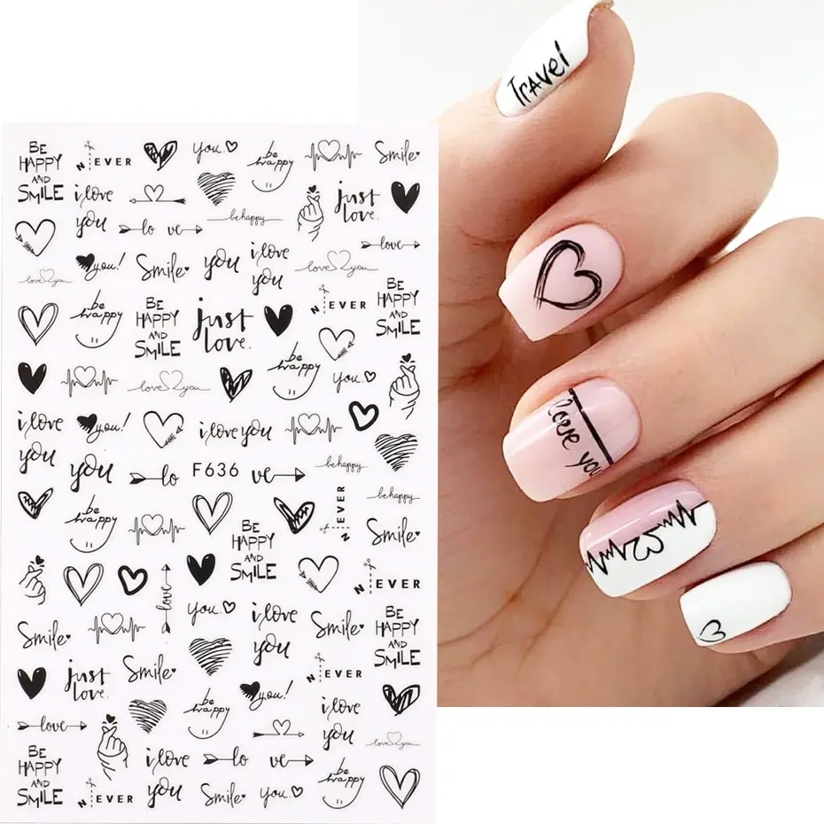 2pcs Heart Love Design 3D Nail Art Stickers English Letter Cool Girl Face Sliders Valentine Day Manicure 2