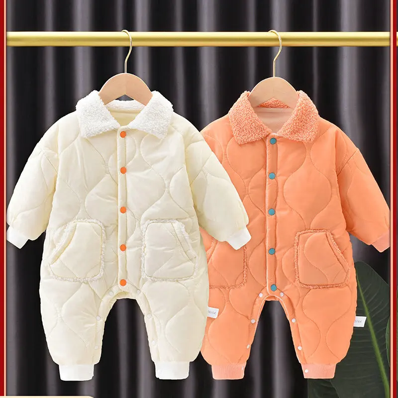 

Baby Autumn Winter Jumpsuit Infant Korean Style Solid Color Single Breasted Fashion Simple Warm Clothes Children Thick Rompers