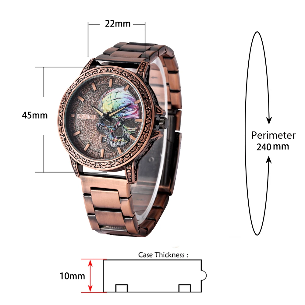 Art Embossed Skull Painting Watch Retro Bronze Street Wear Full Stainless Steel Band Quartz Vintage Watches for Men Luxury Reloj
