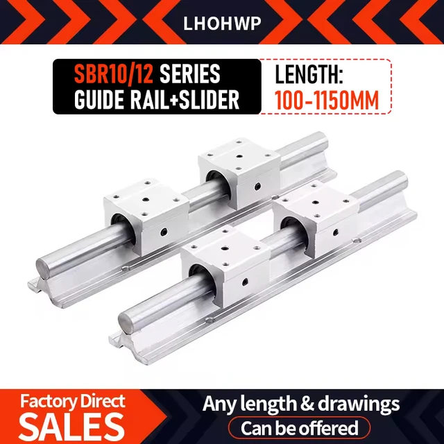 รางเลื่อนแบบเส้นตรง SBR10/12 ขนาด 100-1150 มม. แบบรองรับเต็มที่ 1/2 ชิ้น พร้อมบล็อกลูกปืน SBR10UU/SBR12UU 1/2/4 ชิ้น สำหรับชิ้นส่วน CNC 1
