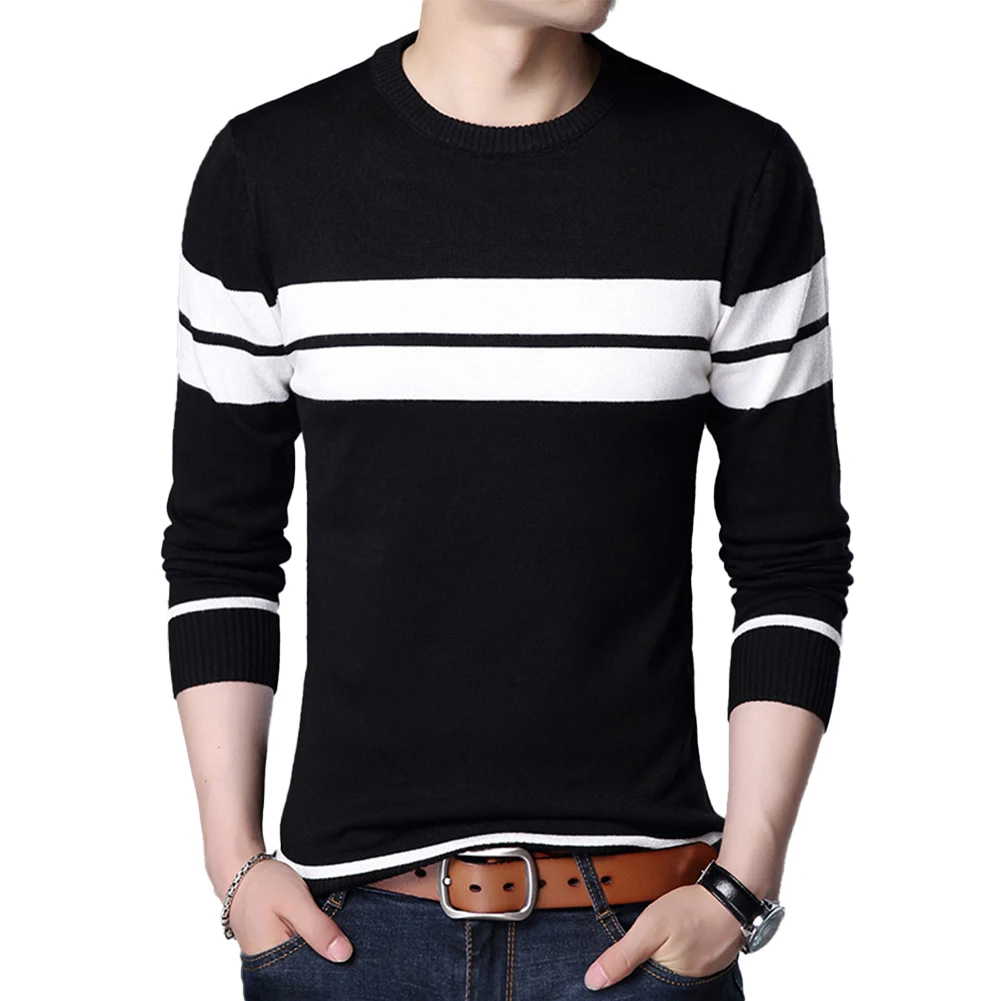 

New Autumn Men Casual Striped Knitted Thin Sweaters Contrast Color Long Sleeve Pullovers Male Knitwear Tops