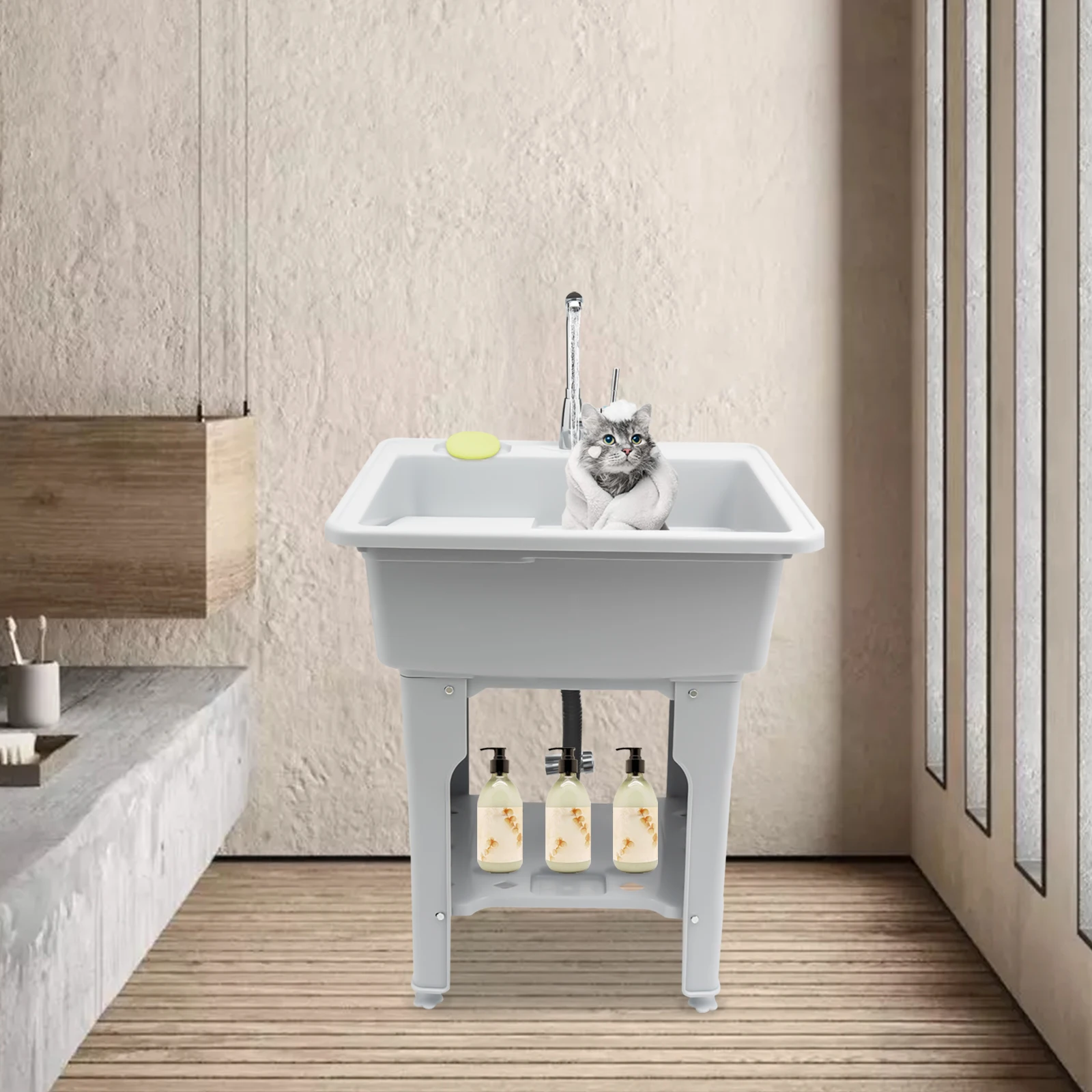 Freestanding Plastic Laundry Sink with Washboard with Cold and Hot Water Faucet Hoses for Laundry Room Garage or Shop