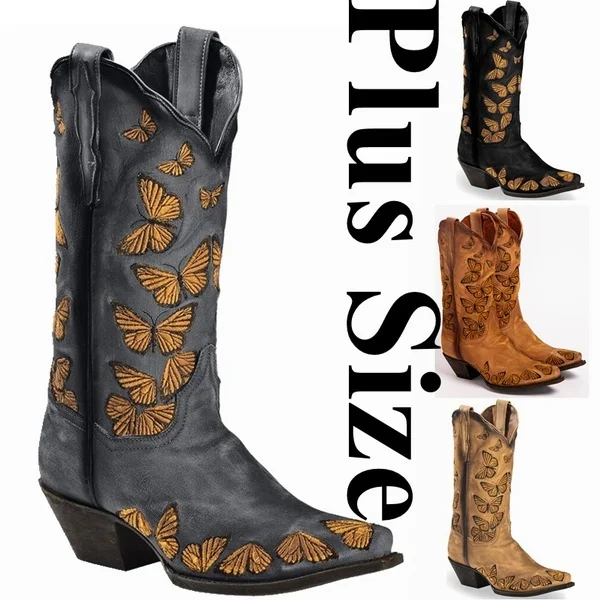 

Women's Tan Embroidered Butterfly Cowgirl Boots Western Boots Womens Retro Knee High Boots Handmade Leather Cowboy Boots