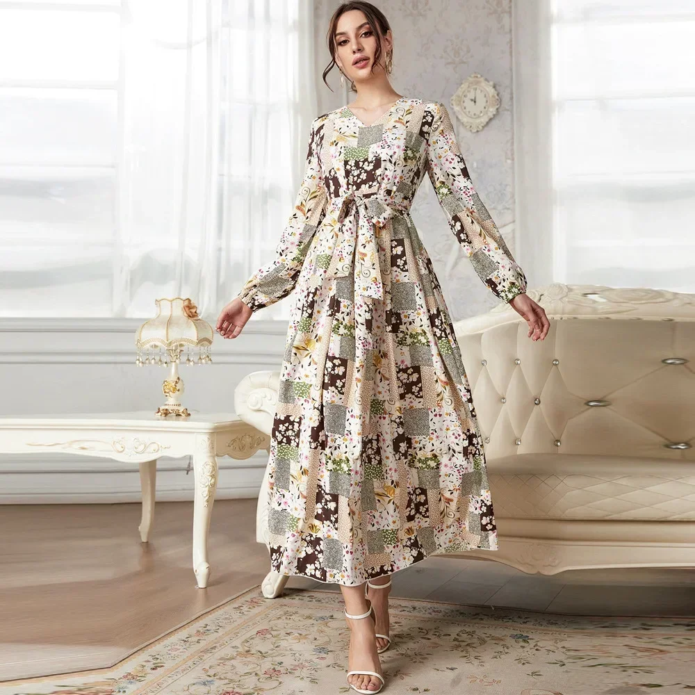 

Spring/summer Fashion Prints Abayas for Muslim Elegant Casual Party Dress High-waisted V-neck Women Dress Dubai Turkey Islamic