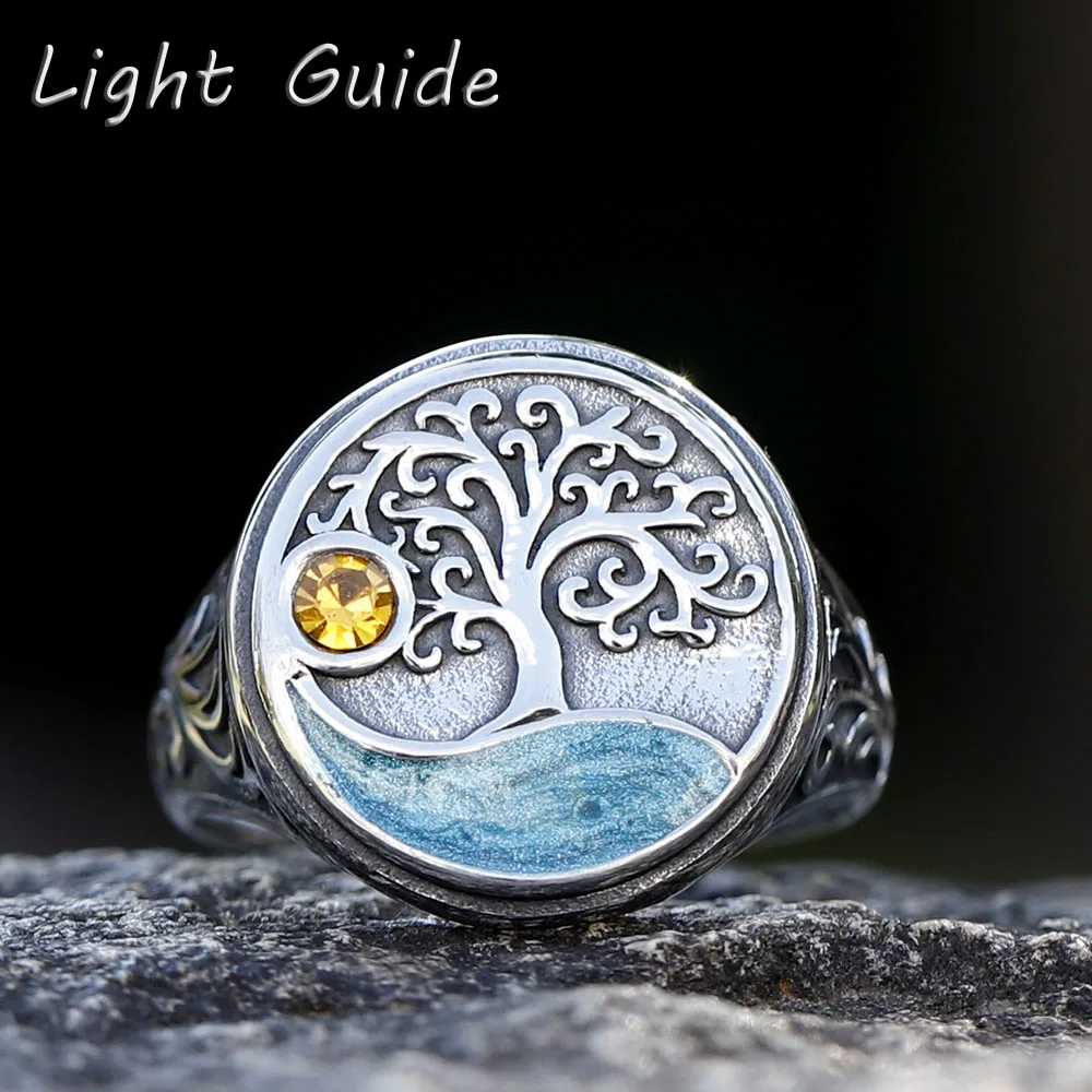 2024 Neues Muster Vintage Wikinger Baum des Lebens Ring mit gelbem Zirkon EPOXY Anels Jubiläumsschmuck für Mann Frauen Paar Geschenk