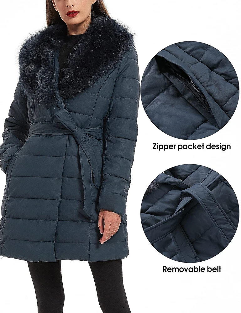 Giolshon Long Faux Leather Puffer Jacket Women Bubble Padding Coat Detachable Faux Fur Collar Down Coat Waterproof Outerwear