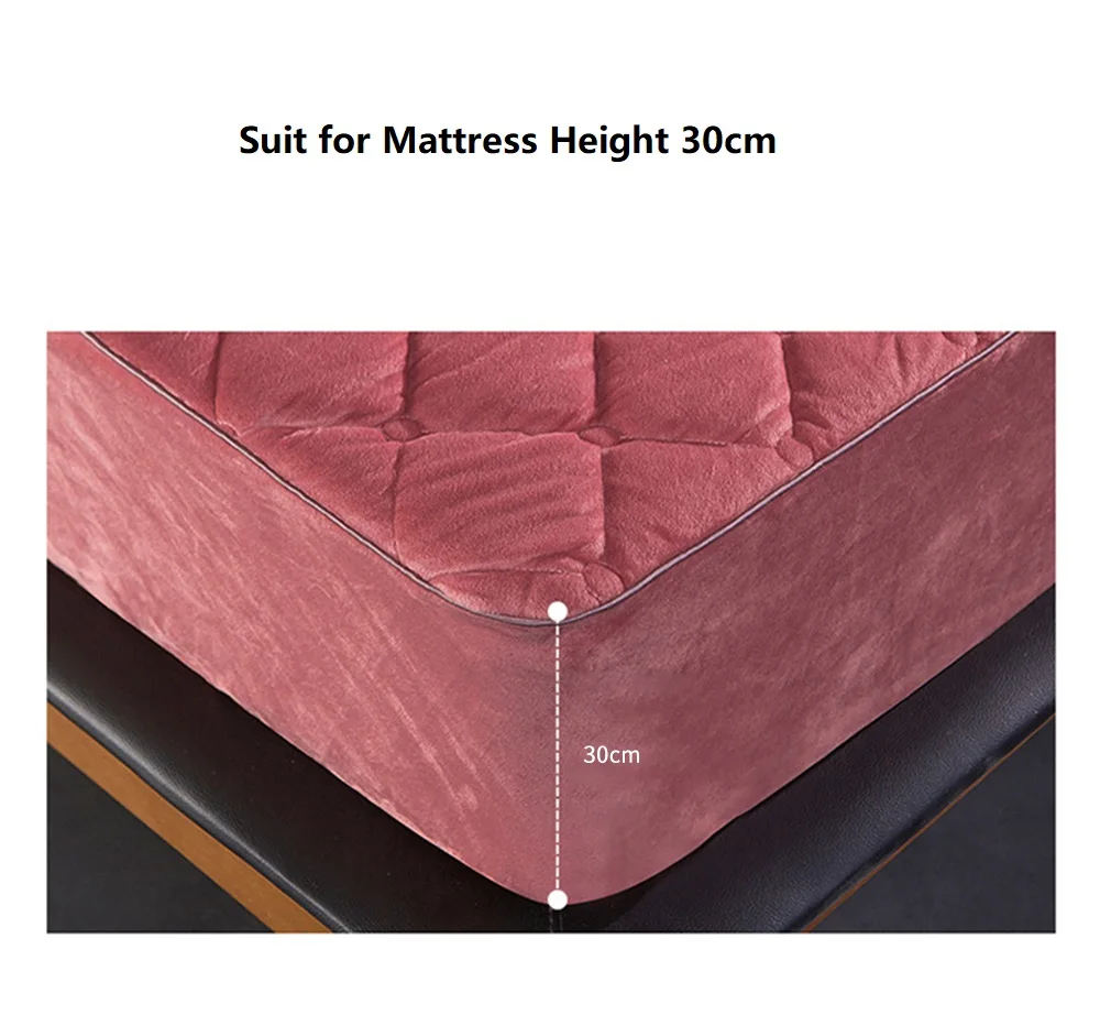 Coral FleeceThicken Quilted Mattress Cover Short Plush Quilted Bed Fitted Sheet Queen Double Bed Cover Not Including Pillowcase