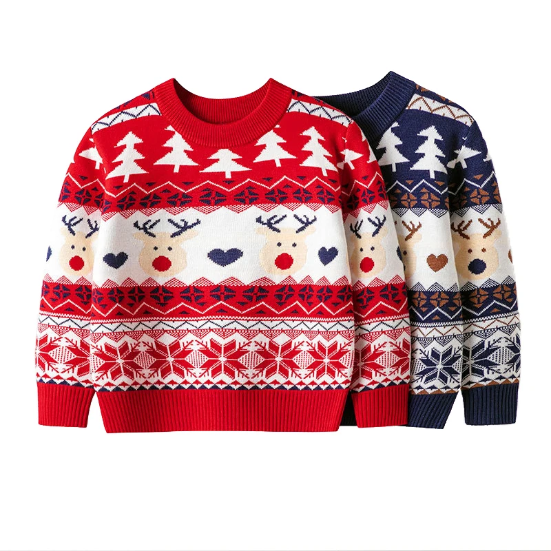 

Новинка 2023, рождественские свитера для мальчиков и девочек, вязаный пуловер с мультяшным оленем, теплые свитеры, детская одежда, осень-зима, детский рождественский джемпер