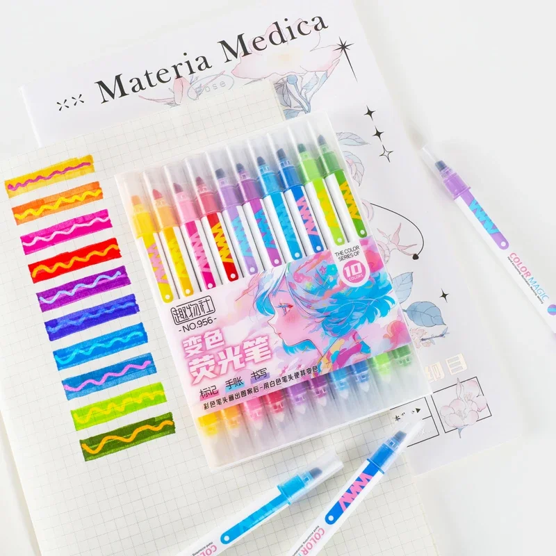 Double-ended Magic Color Changing Highlighter Pen Set 10pcs Student Diary Scrapbook Painting DIY Office Stationery