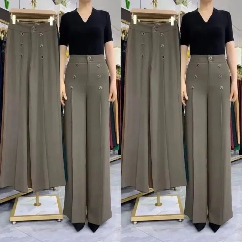 Summer New Double Breasted High Waist Elastic Wide Leg Pants Women Solid Fashion Simple Breathable Thin Loose Straight Trousers