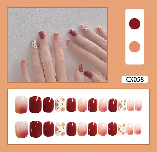 24pcs/box Fake Nails Press on Short Reusable with Designs Set French Artificial Pink False Tipsy Stick-on Nails Tips Art CX058