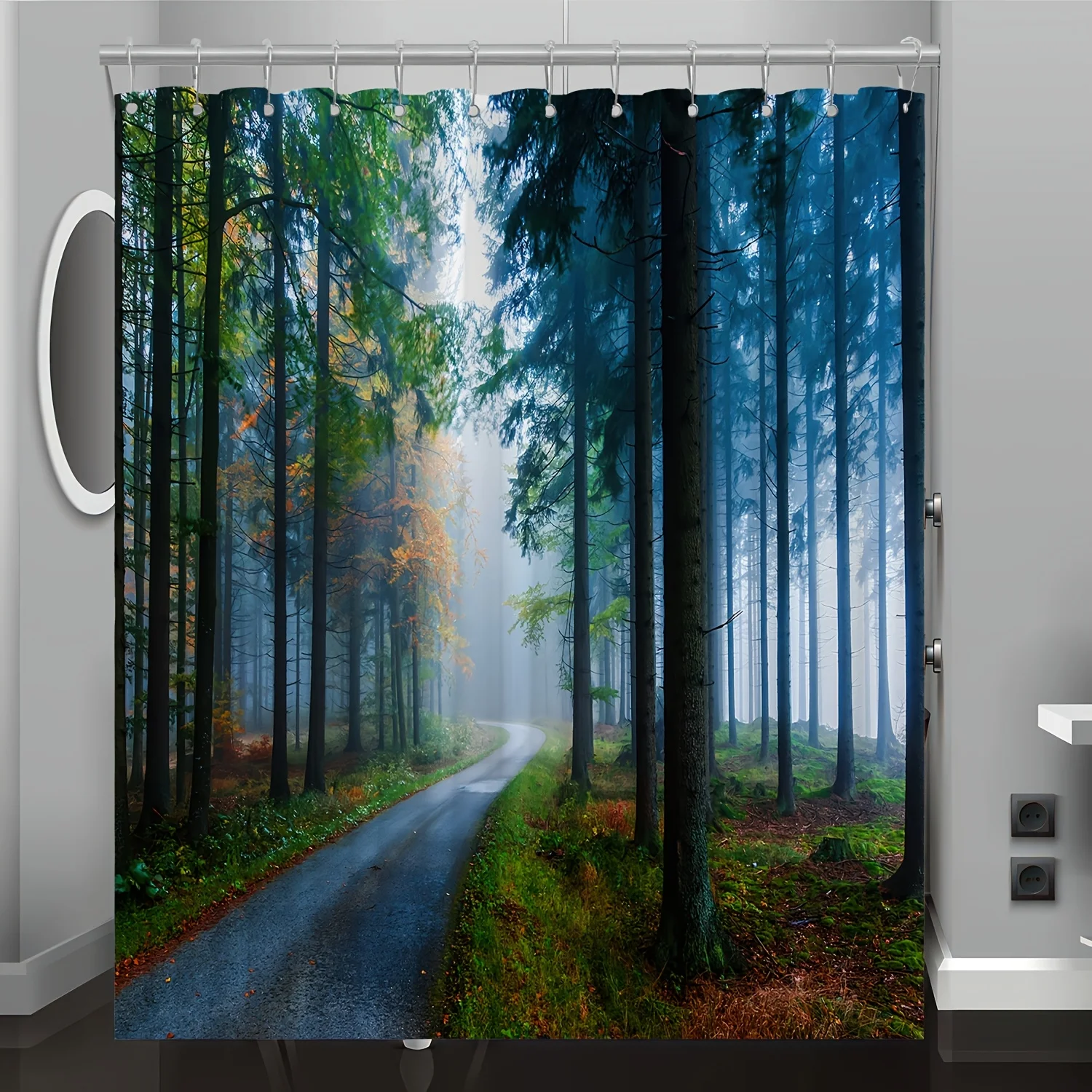 ผ้าม่านอาบน้ำลายพิมพ์ดิจิทัลลายต้นไม้ในป่า 1 ชิ้น ของตกแต่งบ้านห้องน้ำ พร้อมตะขอฟรี ซักเครื่องได้ ใช้ได้ทุกฤดู 1