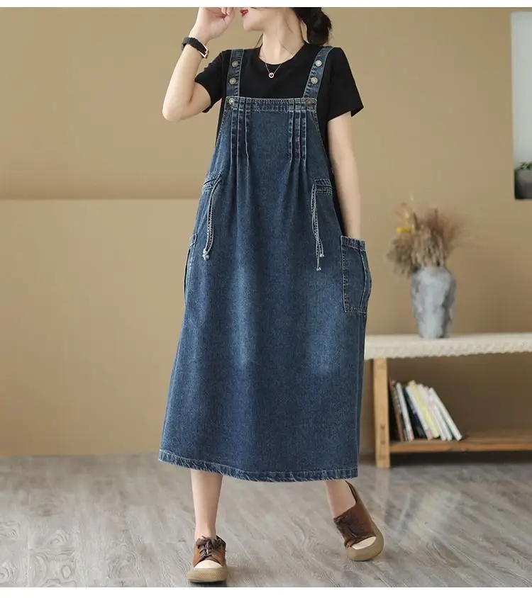 200 Catties Large Size Women's Denim Skirt Female Autumn Blouse Suspenders Skirt Sleeveless Dress Long Suspenders Skirt Female