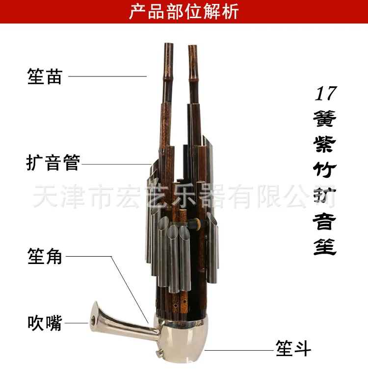 Traditional Chinese Musical Instrument, BAMBOO SHENG, Ancient Reed Pipe, Wind Instrument, D Tone, 17-Key, Purple Bamboo Sheng