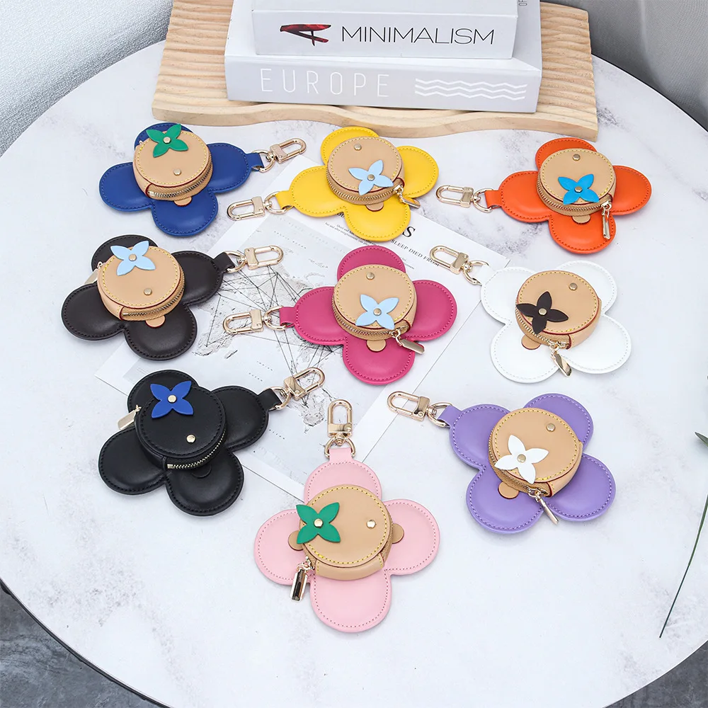 Floral Leather Coin Purse | Handmade Genuine Leather Bag Charm & Keychain | Unique Zippered Pouch with Decorative Grommets