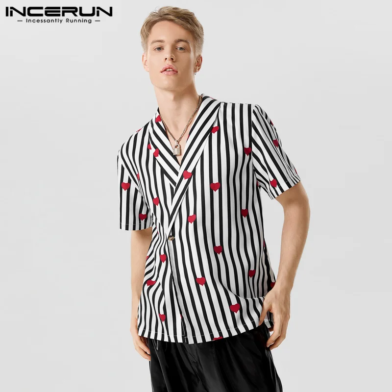 INCERUN Tops 2023 American Style Men Funny Love Stripe Print Shirt Casual Party Male Loose Comfortable Short Sleeve Blouse S-5XL