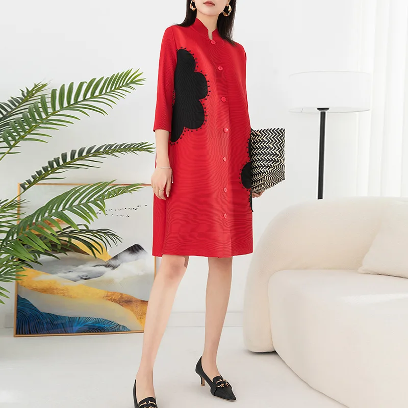 

ALSEY Miyake Pleated Dress Women Fashion Print Stand Collar Single-Breasted Beaded Cardigan Long Sleeve Dresses 2023 Spring