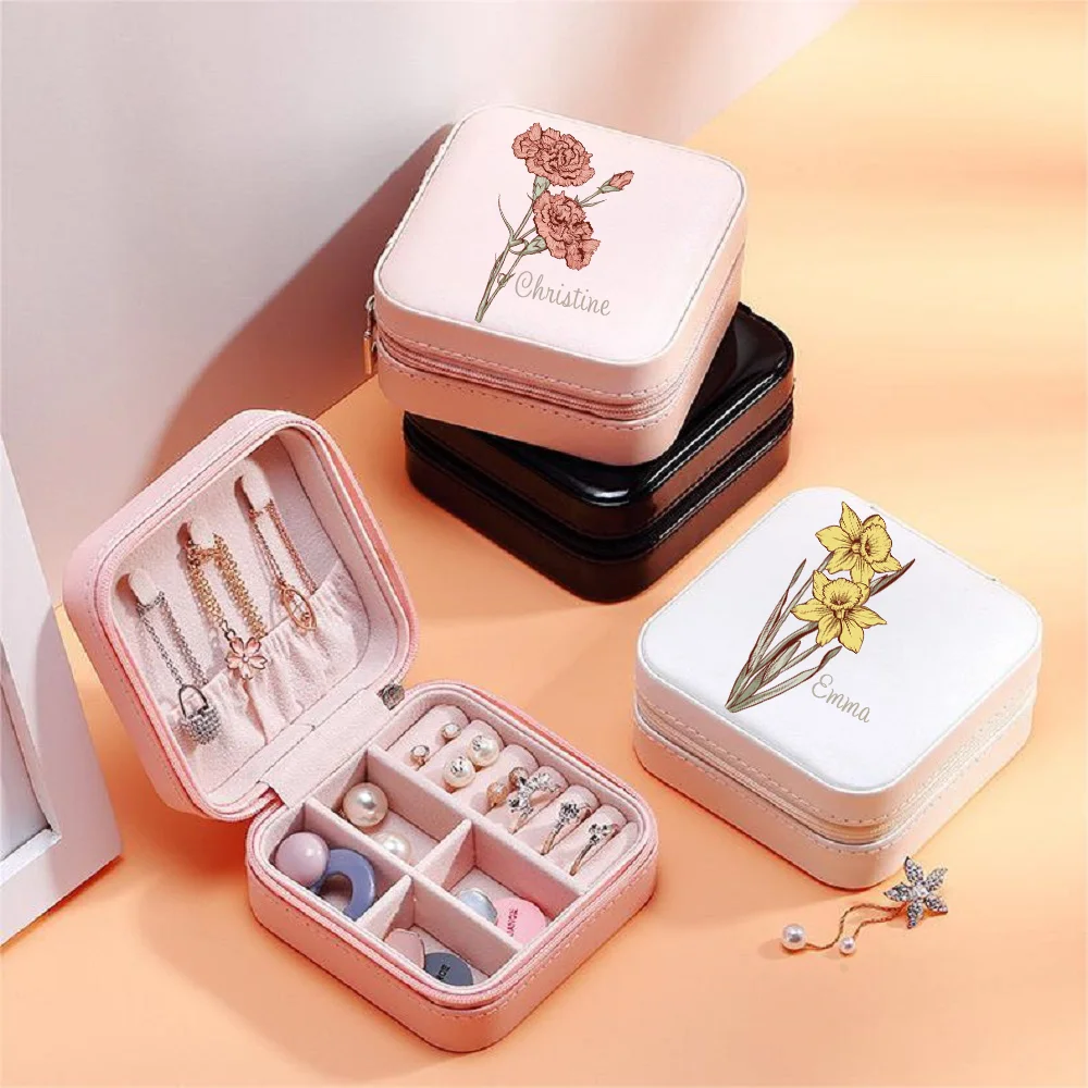 

Personalized Birth Flower Jewelry Case Carved with Name Customize Jewelry Case Unique Gift for Birthday Wedding Bridesmaid Party