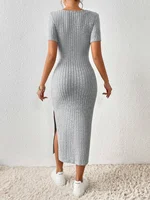 Femmes printemps été Style robe tricotée dame décontracté à manches courtes col carré fente latérale robe robes 2