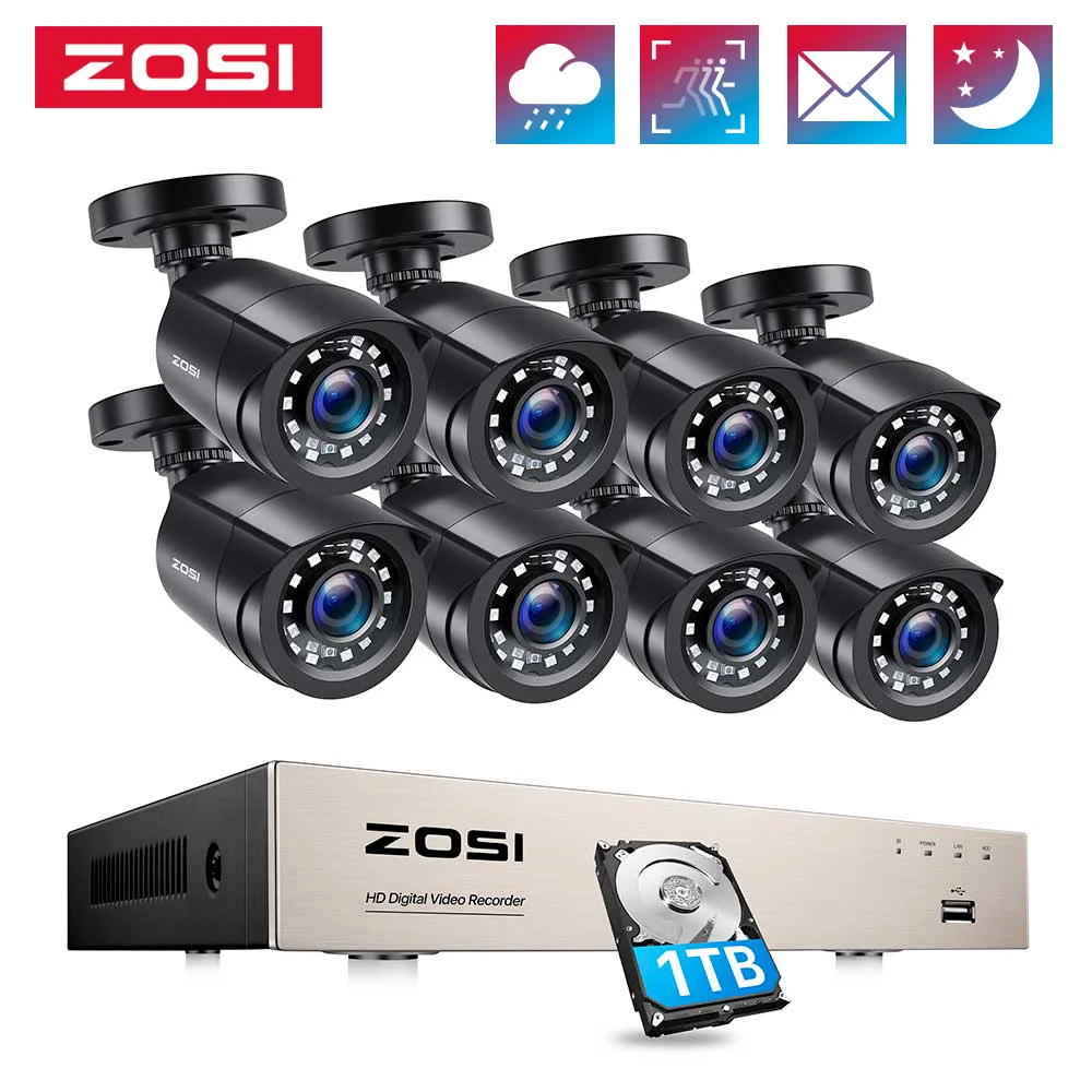 ZOSI 1080P Caméra de Surveillance IP66 avec 8CH 1080N DVR Vision Nocturne de 20M 