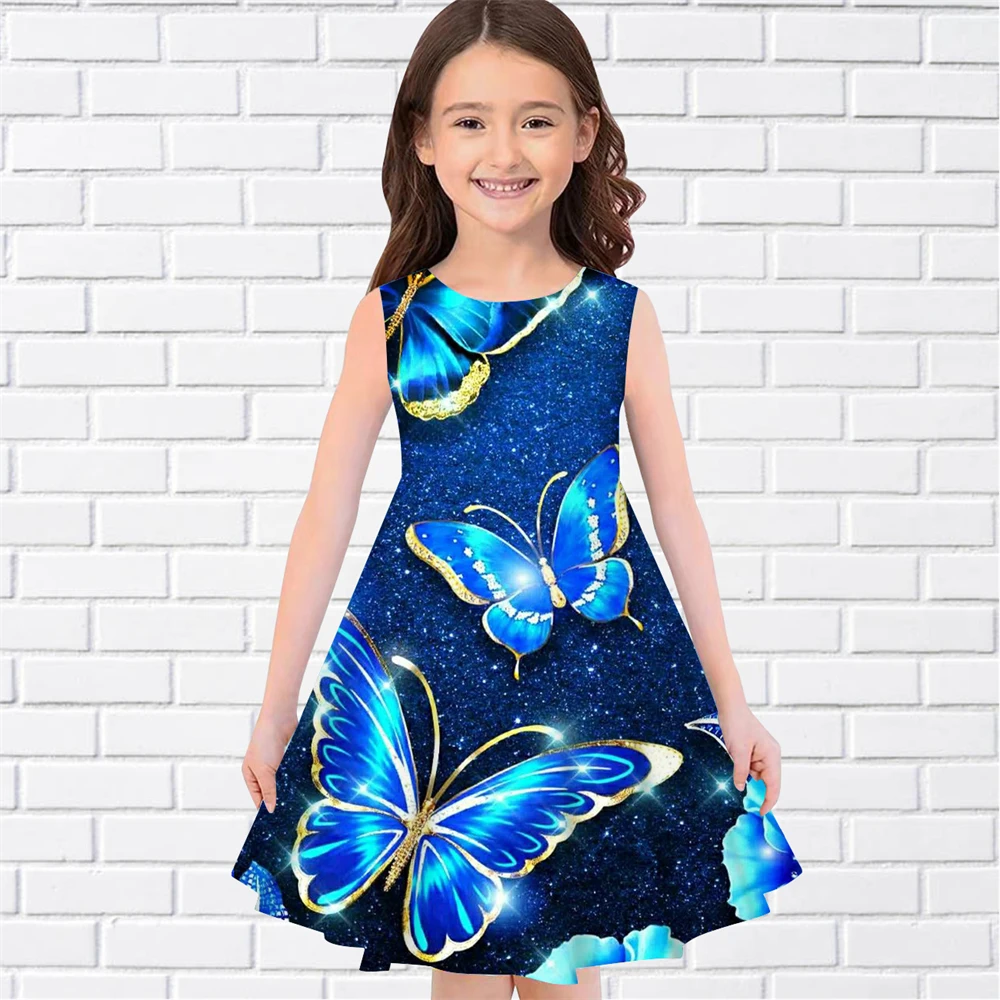 2024 Summer Girl 3D Print Dresses Kids Girl Party Sleeveless Princess Dress Casual Tank Pretty Colorful Butterfly Dress Clothing