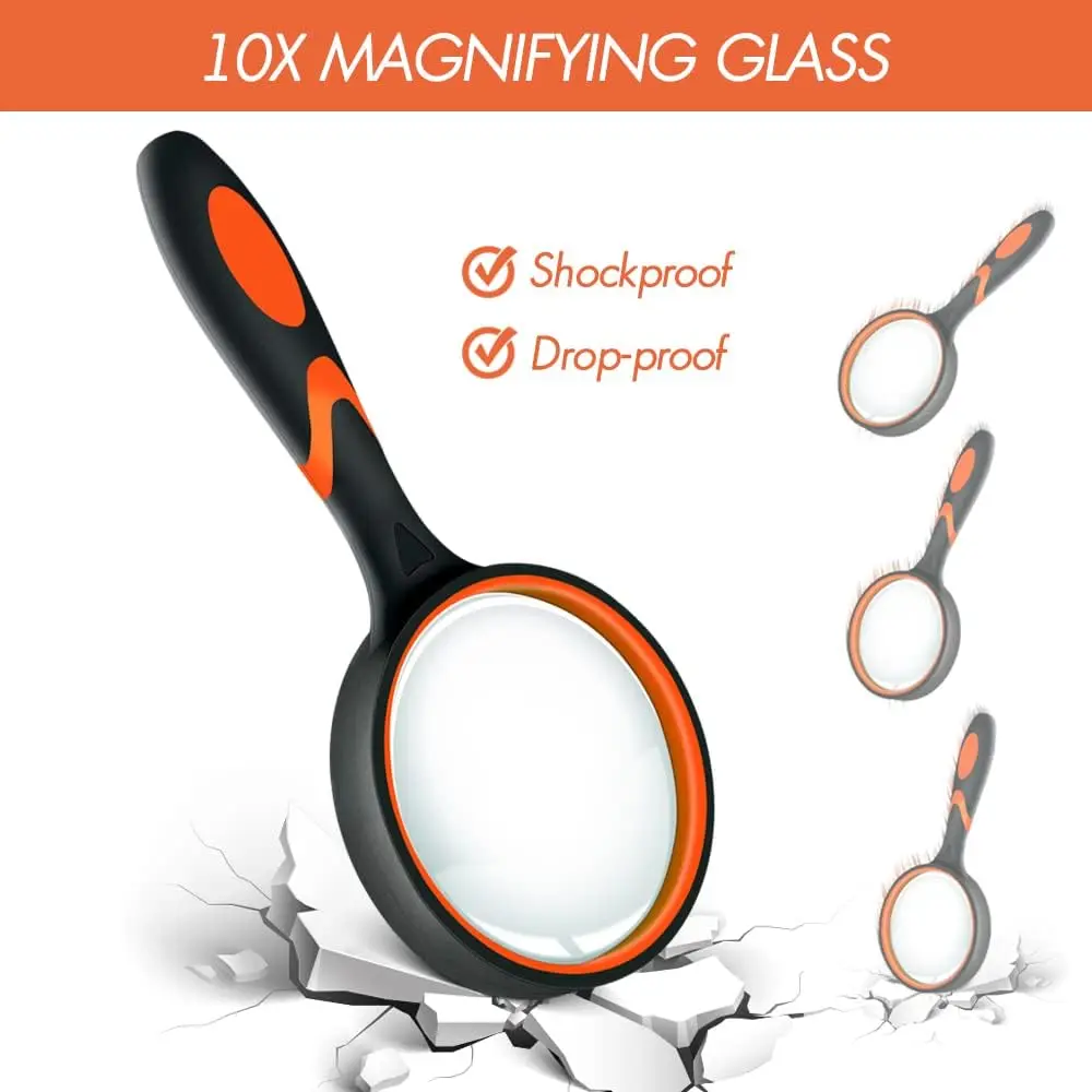 Magnifying Glass Handheld 10x Kids Seniors Reading Exploration Non-Slip Shatterproof 50/65/75/100mm