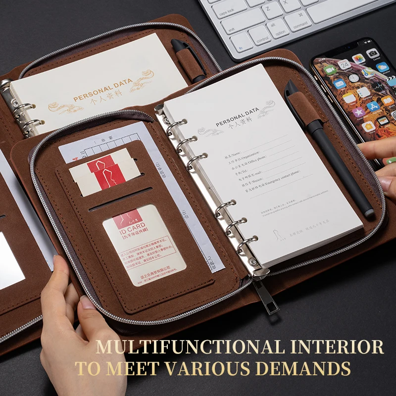 Leather Zipper Binder Journal Planner a6 Carteira Pasta a5 Pasta do Negócio pu - Imagem 6